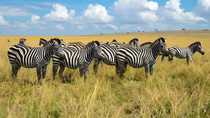 Obraz premium group of zebras grazing on the savannah background