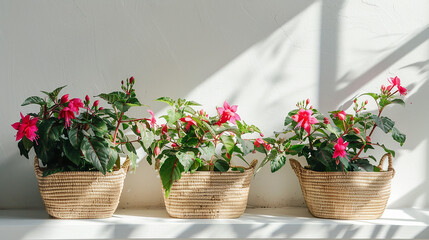 Fototapeta na wymiar Fuchsia plants are in woven baskets.
