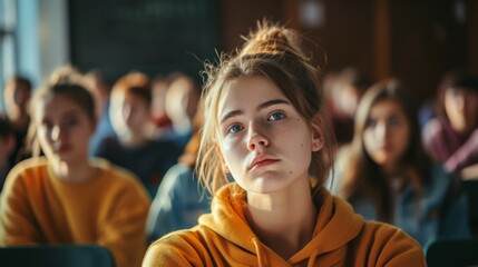 A young female student lost in thought, sitting in a classroom setting with her peers blurred in the background, reflecting a moment of introspection. concept of bullying among teenagers