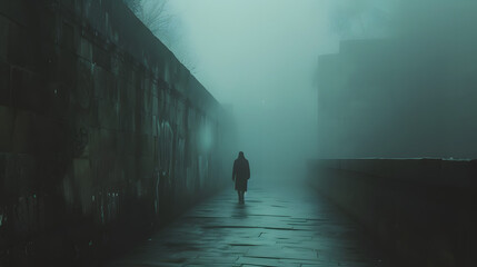 solitary figure walking through a misty alley background