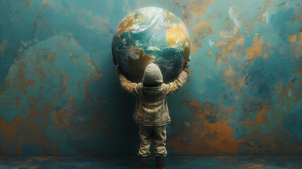 Child facing a wall, carrying a large globe, depicting the burden of responsibility