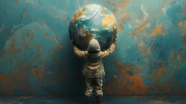 Child facing a wall, carrying a large globe, depicting the burden of responsibility