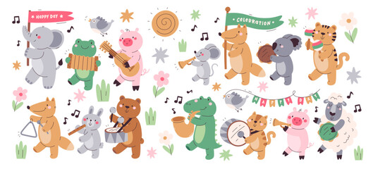 Cute funny animals marching parade music festival celebration playing musical instrument set