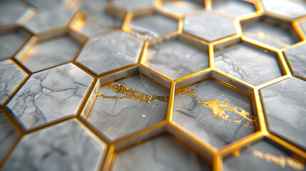 Elegant Marble Hexagon Tiles with Gold Inlay