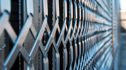 A modern panel fence in anthracite color. Grey metal corrugated fence in front of a residential building. Texture of profiled metal. - obrazy, fototapety, plakaty