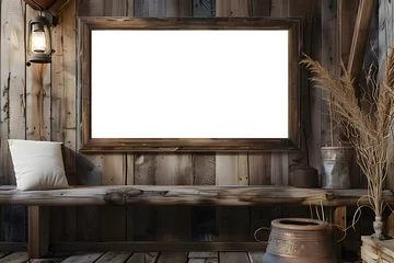 Rugzak a large empty wooden picture frame in landscape position on a rustic wooden cabin wall. The empty picture frame is 4:3 ratio. The wooden cabin is modern and has dark, natural colours. © Prasanth