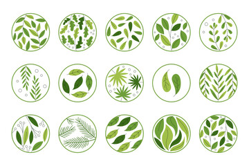 Green leaves inside circle with different pattern ecology art creative ornament isolated set