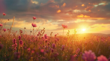 sunrise over a field of blooming flowers, signaling the arrival of a new day