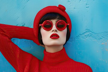 A woman in a red sweater and hat is wearing red glasses and red lipstick