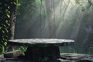 a stone table in the woods - obrazy, fototapety, plakaty