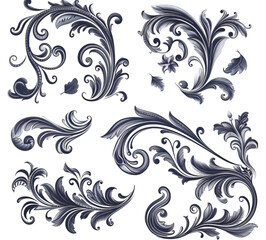 Navy Floral Filigree Pattern and Scroll Heraldry Design Set Isolated on a Transparent Background