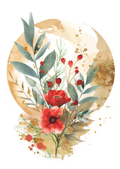 Modern Floral Round Banner with Gold Elements Isolated on a Transparent Background