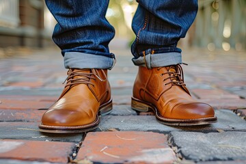 A man is wearing brown shoes and blue jeans