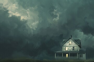 a house with a porch and a cloudy sky