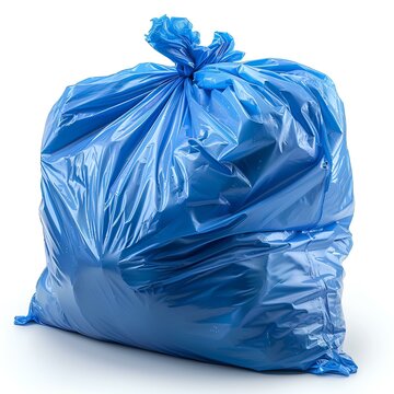 Blue plastic trash bag isolated on white background with shadow. Blue trash bag isolated. Recyclable garbage bag for waste and garbage