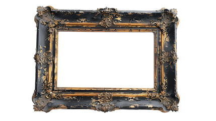 Antique Black and Gold Ornate Wood Picture Frame Isolated on Transparent Background