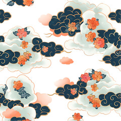 Oriental Clouds with Flower Patterns Vintage Zen Style White Background Illustration
