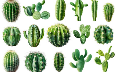 Various Kinds of Green Cactus Isolated on a Transparent Background