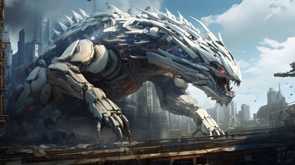 A mechanical dragon in a dystopian city with smoke  - obrazy, fototapety, plakaty