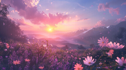 sunrise over a field of blooming flowers, signaling the arrival of a new day