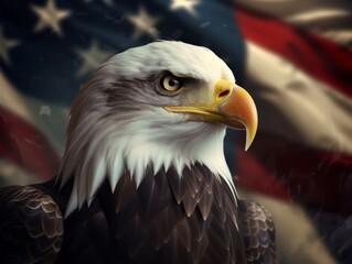 Bald eagles portrait in front of American flag
