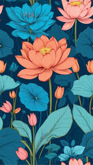 Fototapeta premium Beautiful seamless vector floral pattern, spring summer background with tropical flowers, palm leaves, jungle leaf, Lotus flower and Leaves Blossom, Exotic wallpaper, Hawaiian, watercolour style