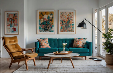 Gemütliches Wohnzimmer mit grünem Sofa und stilvoller Dekoration - obrazy, fototapety, plakaty