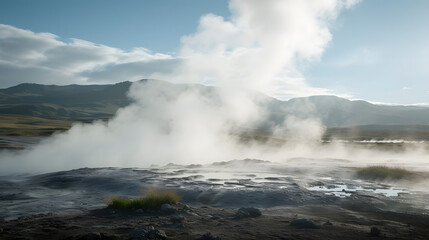 Steam rising from geysers in a geothermal area background