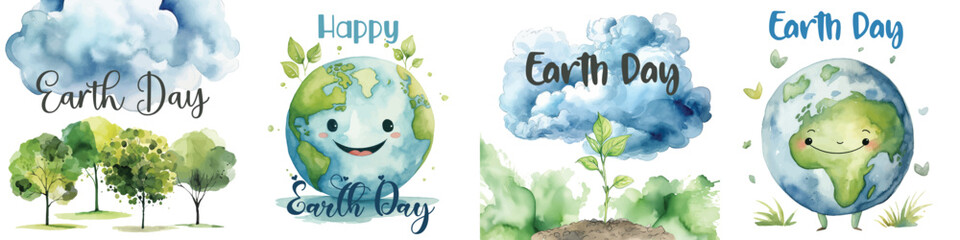 Happy Earth Day watercolor Card about saving the planet, nature and ecology. - obrazy, fototapety, plakaty