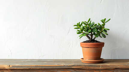 A jade plant in a  pot on a wooden table. 