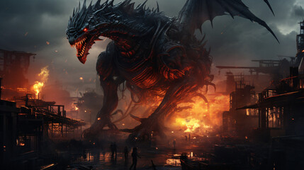A mechanical dragon in a dystopian city with smoke 