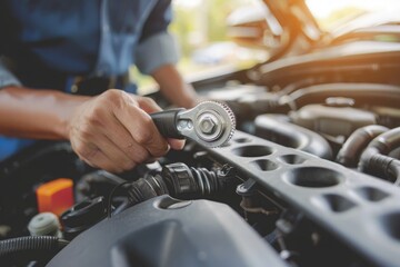 Obraz premium mechanic hands using a wrench to service a car engine, focused on maintenance work in a garage
