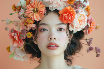 portrait of happy young Asian woman with artistic composition in her hair, made of flowers, black hair