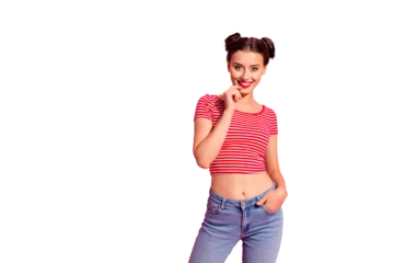 Foto op Canvas Portrait of her she nice-looking cute charming attractive lovely winsome sweet fascinating cheerful content girl wearing striped t-shirt jeans isolated on pink pastel background © deagreez