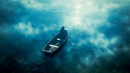 A lone rower glides on a tranquil, sunlit water expanse, beneath a clear blue sky - obrazy, fototapety, plakaty