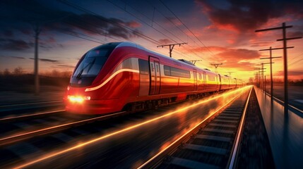 Speeding Train at Sunset on Railway Platform. Generative ai