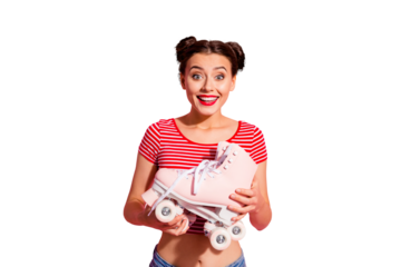 Portrait of her she nice-looking cute charming attractive lovely magnificent cheerful cheery girl wearing striped t-shirt holding in hands dream new cool roll skates isolated on pink pastel background