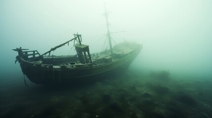 Fototapeta premium A spectral shipwreck fading in and out of view in the mist