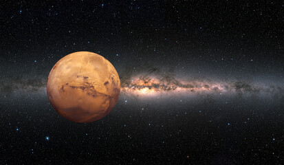 View of Mars from outer space with millions of stars around it Milky Way galaxy in the background...
