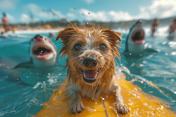 cute brown dog sitting on surfboard surrounded by sharks in crystal clear water