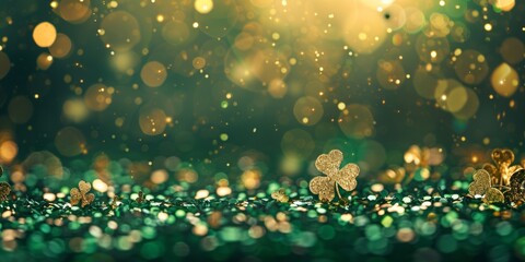 Golden sparkling shamrocks on a backdrop of green bokeh lights, conveying festive St. Patrick's Day...