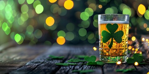 Festive Saint Patrick's Day themed beer glass with green shamrock on a bokeh light background.