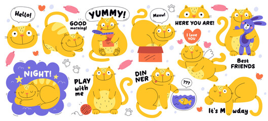 Funny cat doodle characters with positive emotions and facial expressions message stickers set