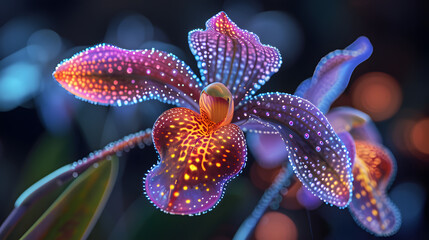 Feature an otherworldly orchid with petals composed of intricate quantum patterns