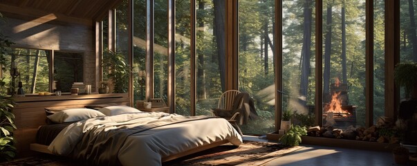 On a winter day, the bedroom bathed in warm sunlight streaming through the large windows offers a peaceful respite from the outside world, with the lush trees just beyond the walls and the cozy