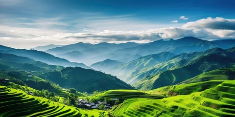 Poster Landscape of green rice terraces amidst mountain agriculture. Travel destinations in Chiangmai, Thailand. Terraced rice fields. Traditional farming. Asian food. Thailand tourism © Sanych