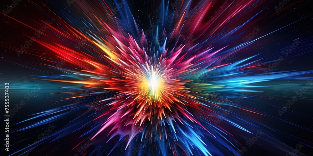 Poster eye-catching digital image depicting an abstract and colorful burst of energy in a cosmic-like setti