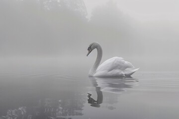a swan swimming in a lake - obrazy, fototapety, plakaty