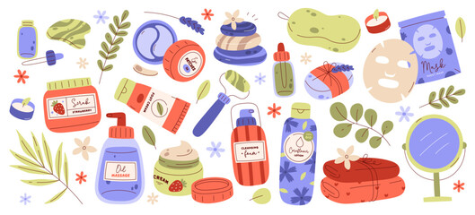 Spa products, beauty face and body skincare cosmetics and accessories floral set vector illustration