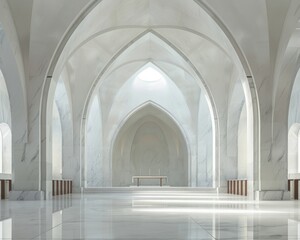 Serene minimalist marble sanctuary with soft shadows highlighting the tranquil beauty of cathedral architecture